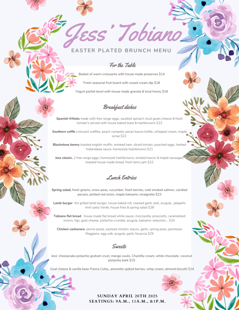 Jess' Tobiano Easter Brunch Menu